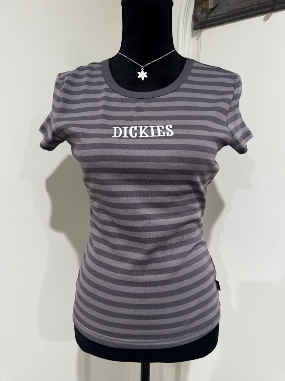 Dickies Women's Gray Stripe Crewneck Tee with White Logo - Picture 2 of 6